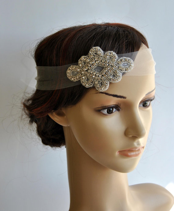 زفاف - The Great Gatsby Crystal Rhinestone Bridal 1920s Veil tulle Headband Headpiece, Wedding, Art Deco Bridal Rhinestone Tulle prom Headband,