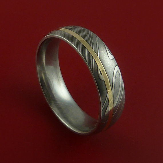 زفاف - Damascus Steel 14K Yellow Gold Ring Wedding Band Custom Made 3-22