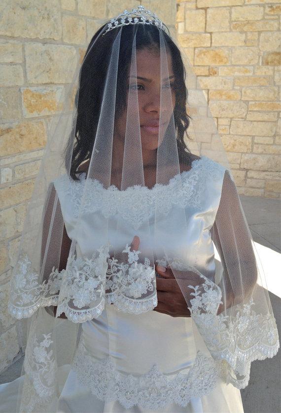زفاف - Lace Veil Mantilla Beaded Lace CATHEDRAL LENGTH with blusher and tiara, drop style alencon style bridal veil, wedding veil with blusher