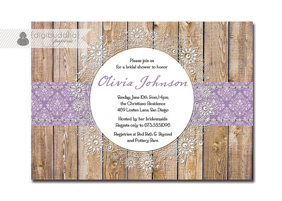 زفاف - Lace Bridal Shower Invitation Purple Damask Rustic Wood Country Western Crochet Doily Shabby Chic Printable DIY or Printed - Olivia Style