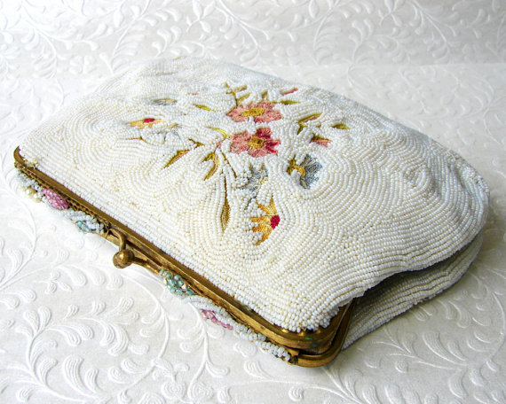 Hochzeit - Vintage Spritzer Fuhrmann French Hand Beaded Clutch Small Purse Floral Tambour Embroidery White Micro Beads for Repair Salvage Harvest As Is