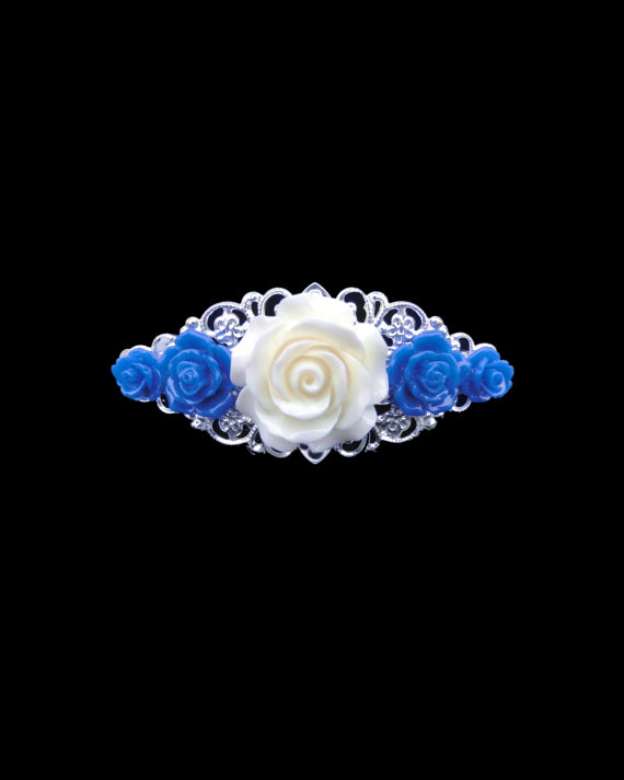 Hochzeit - SALE Flower Barrette Vintage Style Rose Hair Accessory Royal Blue White Flower Hair Clip Filigree Barrette Hair Accessories Boho Accessories