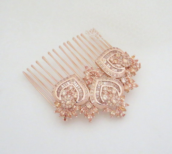 Wedding - Rose Gold Wedding headpiece, Rose Gold hair comb, Champagne crystal hair comb, Vintage style hair comb, Bridal hair comb, EMMA headpiece