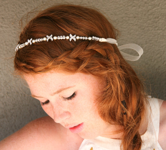 Hochzeit - Rhinestone and Pearl Ribbon Tie Wedding Headband Crystal Headpiece, Simple Wedding Headpiece