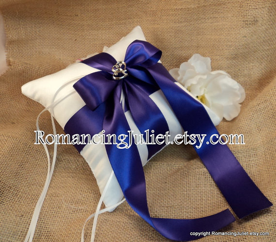 زفاف - Romantic Satin Elite Ring Bearer Pillow with Two Hearts Accent...You Choose the Colors...BOGO Half Off...shown in white/royal purple