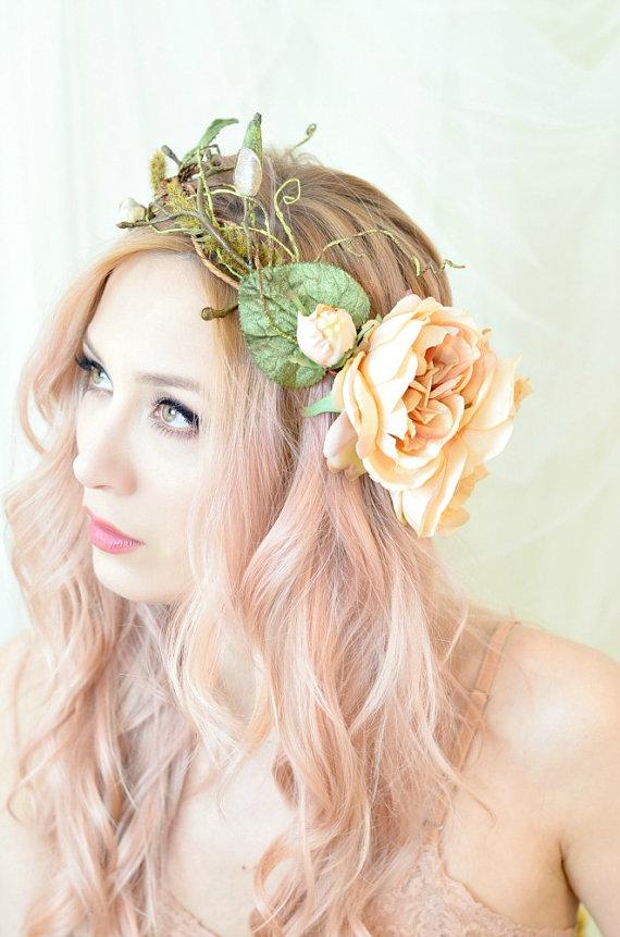 Hochzeit - Woodland crown, hair wreath, forest crown, wedding headpiece, rose circlet, fern crown, hair accessory