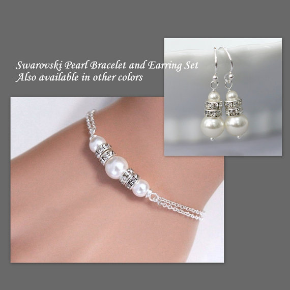 زفاف - Swarovski White Pearl Bracelet and Earring Set, Bridesmaid Jewelry Set, Bridesmaid Gift, Custom Bridesmaid Jewelry Set