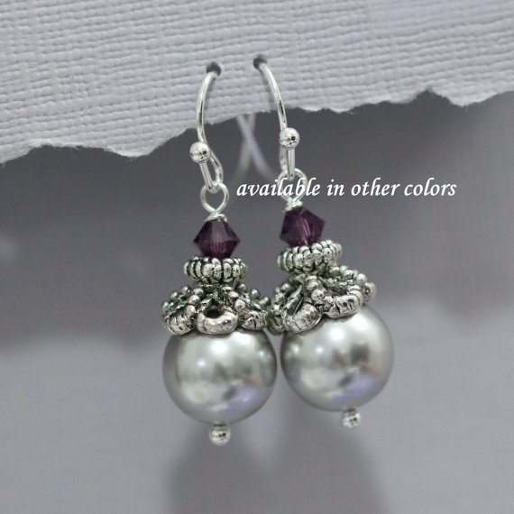 زفاف - Light Gray Pearl Earrings, Swarovski Light Grey Pearl and Amethyst (Purple) Crystal, Bridesmaid Earring Set, Bridal Earring Set