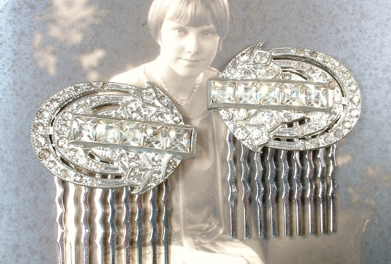 Mariage - OOAK Art Deco Wedding Hair Combs, 1920s 1930s Pave Rhinestone Dress Clips to Bridal Accessory Hairpiece Gatsby Bridal Headpiece Pair