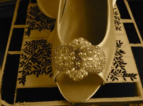 Hochzeit - Custom Bridal Flat Open Peep Toe Shoe 1/2" Heel Low Heel Pump Beaded Pearl Crystals Wedding Shoe Low HeelPump