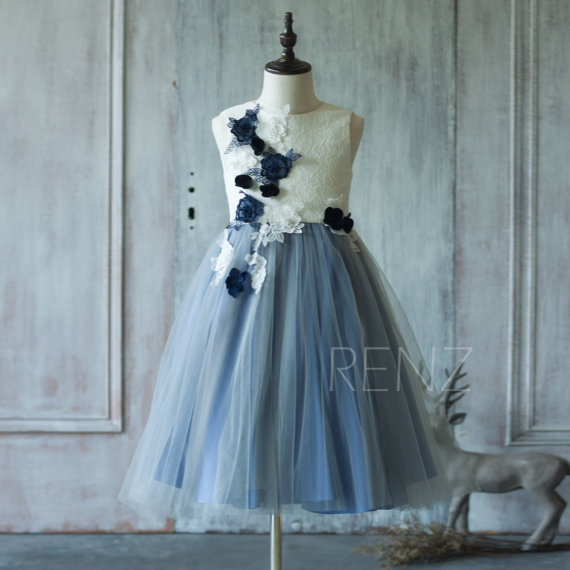 Hochzeit - 2015 Steel blue Junior Bridesmaid Dress, White High neck Flower Flower Girl Dress, Rosette dress, Puffy dress (SK178)