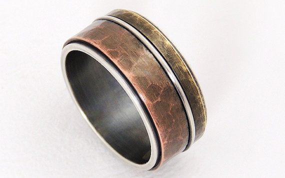 زفاف - Rustic mixed metal men ring - wide band ring,silver copper ring,men engagement ring,men wedding band ring