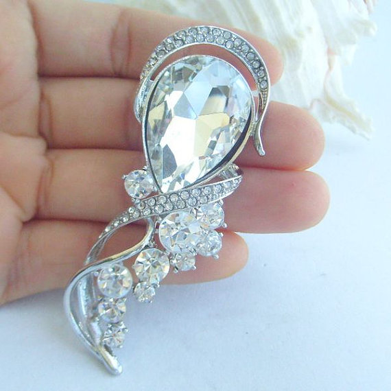 زفاف - Wedding Jewelry Silver-tone Clear Rhinestone Crystal Flower Brooch Pendant Bridal Brooch Wedding Deco BP06050C1