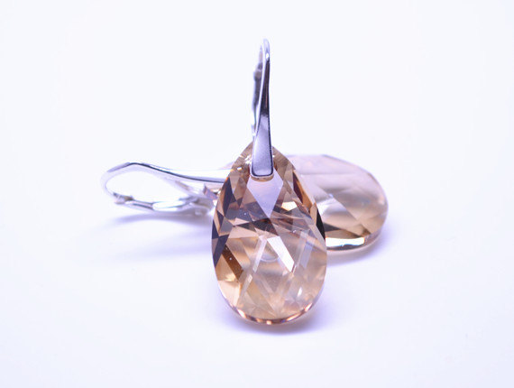 زفاف - Swarovski Crystal Earrings-Sterling Silver Swarovski Crystal Earrings-Golden Shadow  Crystal Earrings-Wedding Earrings-Leverback Earrings