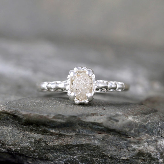 Wedding - Raw Uncut Rough Diamond Solitaire and Sterling Silver Filigree Ring - Conflict Free Diamond - Antique Styled Engagement Ring