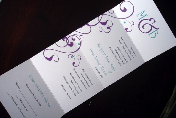 Mariage - Plum Turquoise Flourish Seal and Send Monogram Wedding Invitation - Modern Unique Elegant Romantic Wedding Invitations - bat mitzvah Invite