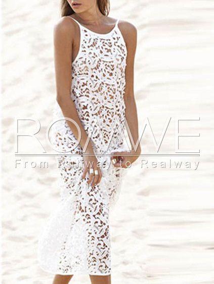 Wedding - White Spaghetti Strap V Back Crochet Lace Maxi Dress