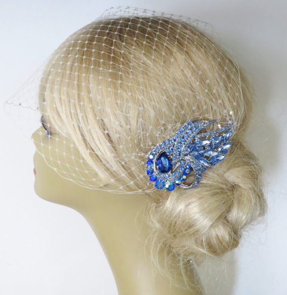 Mariage - Birdcage Veil  and a Blue  Bridal Hair Comb (2 Items),Headpieces,Bridal Comb ,Wedding comb,bridal headpieces,hair accessories