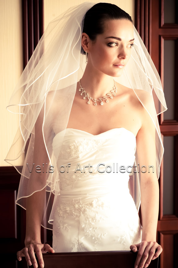 زفاف - 3T Elbow Bridal Wedding Veil 1/8" Satin Cord Trim VE217 white, ivory NEW CUSTOM VEIL