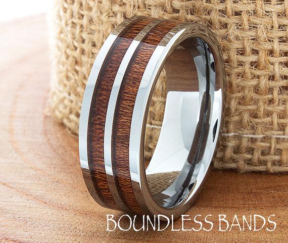 Mariage - Double Wood Inlay Tungsten Ring Wood Wedding Band Flat High Polished Wedding Ring Promise Ring Hers His Womens Mens Tungsten Ring New Design