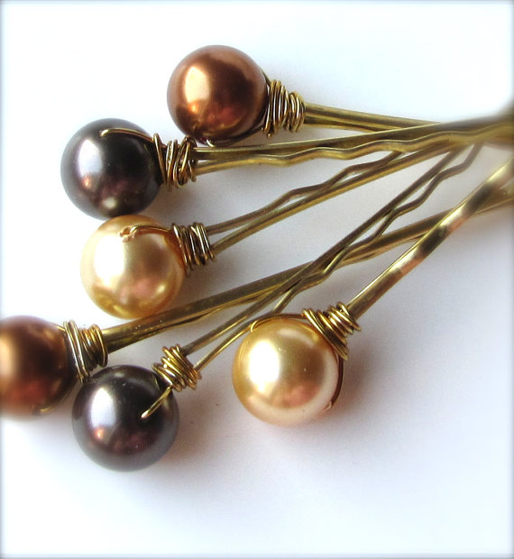 Mariage - Autumn Pearl Hair Pins Mix 3, Brown Copper and Gold