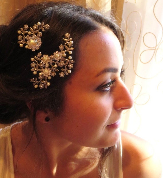Wedding - Wedding hair pin set, Bridal hair pins, Wedding hair jewelry, Vintage style hair pins, Bridal hair comb, Swarovski crystal, Leaf hair pins