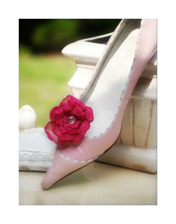 Hochzeit - Fuchsia Rose Shoe Clips, Handmade stylish bride bridal bridesmaid, elegant delicate cottage chic gift, valentines day, rockabilly couture