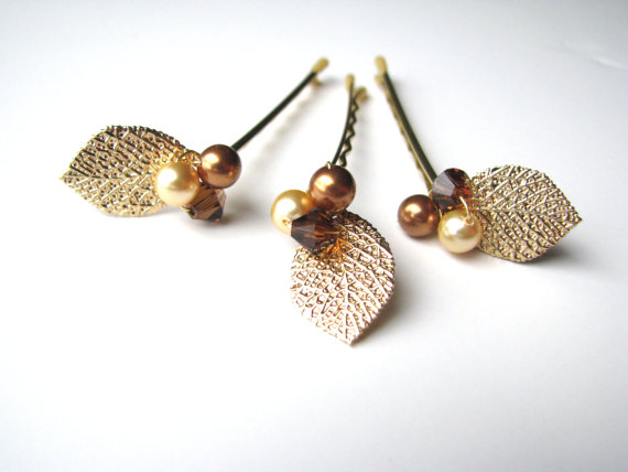 Hochzeit - Autumn Leaf Hair Pin Cluster with Swarovski Crystals