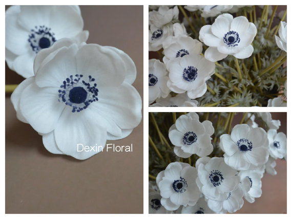 زفاف - Natural Real Touch Not Silk White Anemones Deep Blue Center Single Stem for Wedding Bridal Bouquets, Centerpieces, Decorative Flowers