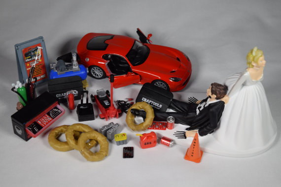 زفاف - Funny Auto Mechanic Car Loving Groom Being Dragged By Bride Wedding Cake Topper with 2013 Red SRT Viper GTS Car