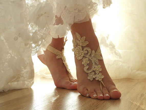 Свадьба - Champagne lace Barefoot Sandals, Nude shoes, Foot jewelry,Wedding, Victorian Lace, Sexy, Yoga, Anklet , Belly Dance