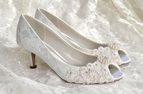 Hochzeit - Low Heel Wedding Shoes - Custom Colors 250 Choices - Vintage Wedding Lace Peep Toe Heels, Women's Bridal Shoes PBP 2.25" Heels- Pink 2 Blue
