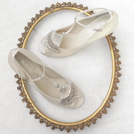 Mariage - Wedding Shoes low heel with Art Deco Beaded Crystal Applique Flapper T-Strap Peep Toe Heel Silk Bridal Shoes
