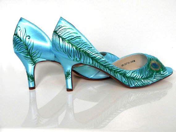 Hochzeit - Aqua Wedding Shoes , peacock feather bridal shoes, painted aqua shoe, sale bridal shoes, Peacock feather medium heel, Lydia