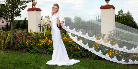 Wedding - Wedding Veil - Cathedral Bridal Alencon Lace Mantilla Veil - Ivory, Light Ivory, White - made to order