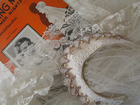 Hochzeit - Gorgeous Antique/Vintage Wedding Veil and Headpiece // Beaded Crown // Lace
