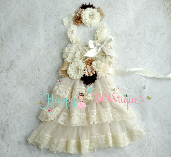 Свадьба - Flower girls dress-  Burlap Lace Chiffon Dress set,Ivory Dress, baptism,Birthday,rustic wedding dress,burlap wedding dress,country wedding