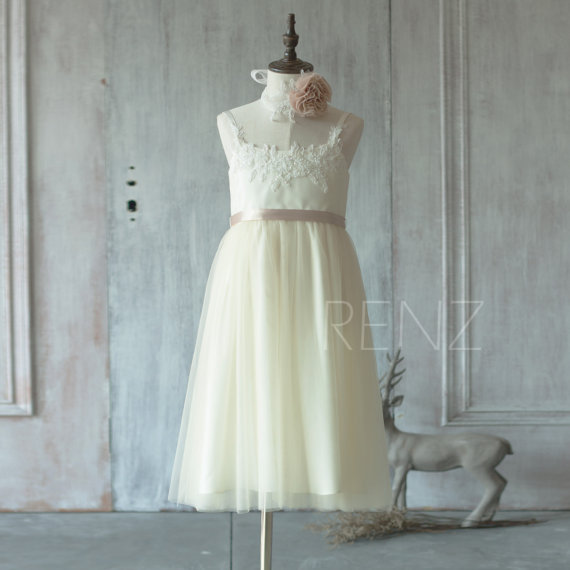 زفاف - 2015 Beige Junior Bridesmaid Dress, Scoop Flower Girl Dress, Lace Cocktail dress Tea length (ZK029)