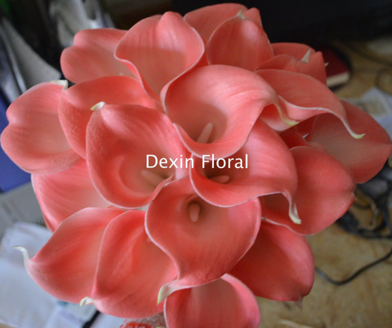 زفاف - Real Touch Coral Calla Lilies for Silk Wedding Bridal Bouquets, Centerpieces, Decorations, Wedding Flowers Package, 9pcs/set
