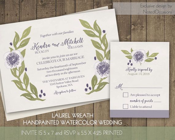 Mariage - Rustic Watercolor Floral Wedding Invitations Modern Laurel Wreath Handpainted Purple Florals Wedding Watercolor Printable Digital DIY Files