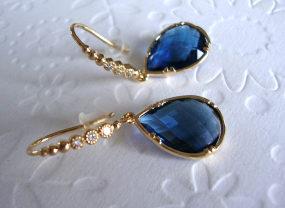 Hochzeit - Blue Dangle Earrings, Blue Sapphire Earrings, September Birthstone, Drop earings, Gold Dangle earrings, Christmas Gift, Bridesmaids Gift,