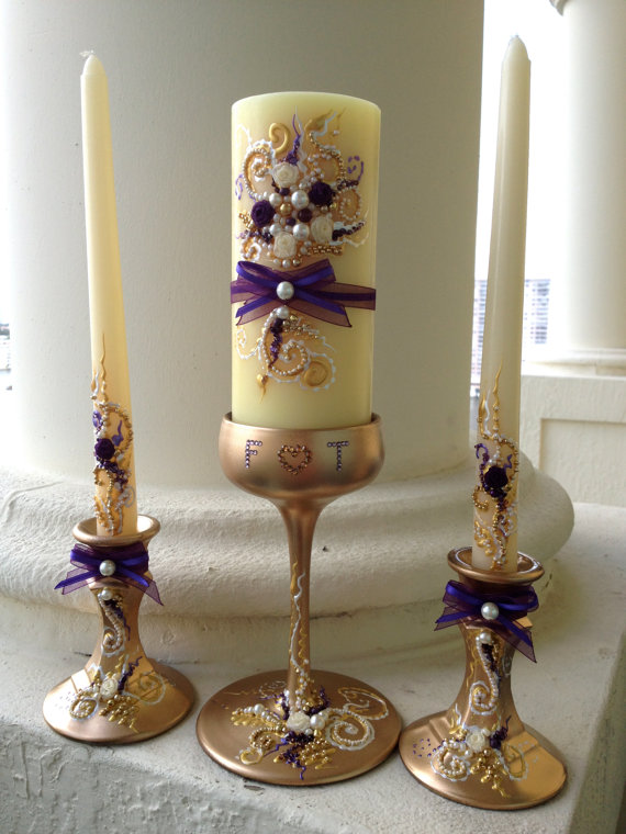 زفاف - Wedding Unity candle set - 3 ivory candles and 3 candleholders in ivory, gold and deep purple, perfect set for your wedding unity ceremony