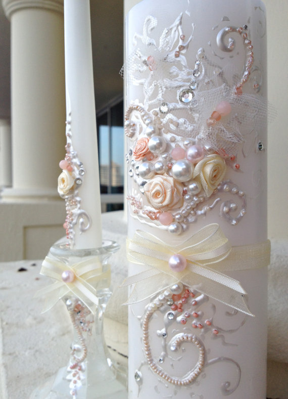 زفاف - Butterfly Wedding unity candle set in ivory and blush, perfect for your Unity Ceremony or as a bridal shower gift idea