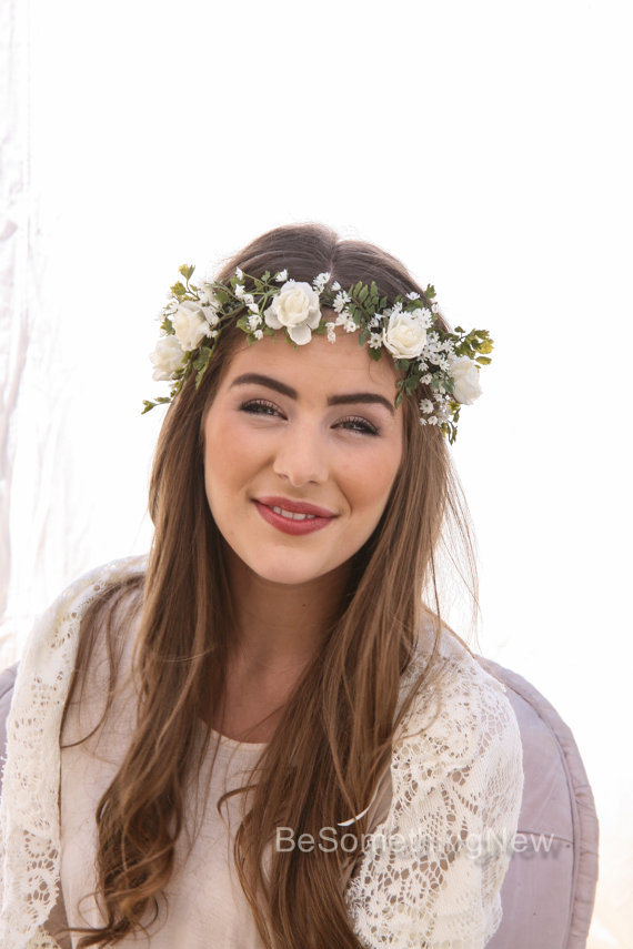 Hochzeit - Flower Crown of Ivory Rose and Green Fern and Babies Breath Boho Wedding Floral Halo Wreath Floral Hair Wreaths Bridal Woodland Wedding