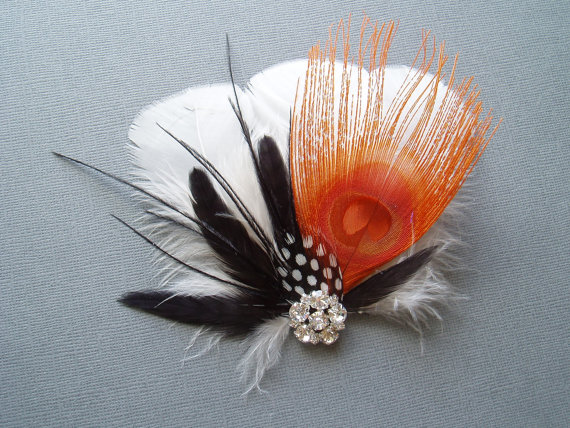 Свадьба - Halloween Wedding Hair Clip Orange Clips Feather Hair Accessory Fascinator Bridal