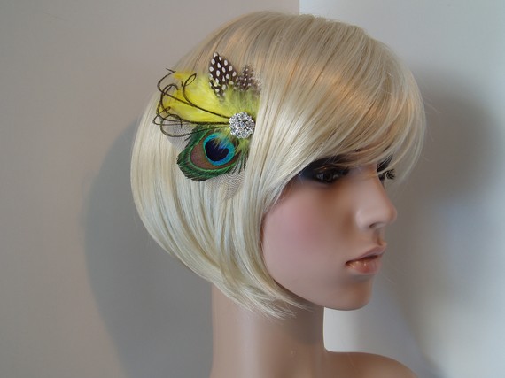 Свадьба - Yellow Peacock Hair Clip Wedding Hair Piece Feather Fascinator, bridesmaid hair piece READY TO SHIP
