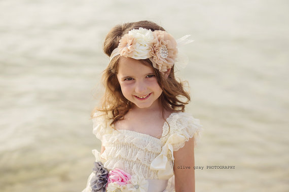 Mariage - Vintage Shabby Chic Flower Girl Headband , Flower Girl Hair Piece, Flower Girl Lace Headband , Lace Girls Headband, country wedding, rustic