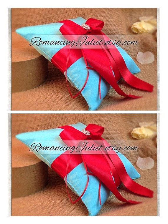 Свадьба - Romantic Satin Elite Ring Bearer Pillow...You Choose the Colors...SET OF 2...shown in turquoise/red