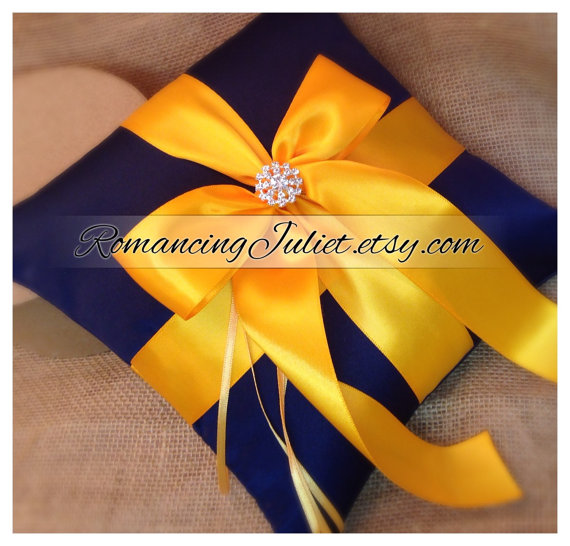 Hochzeit - Romantic Satin Elite Ring Bearer Pillow...You Choose the Colors...Buy One Get One Half Off...shown in navy blue/yellow gold