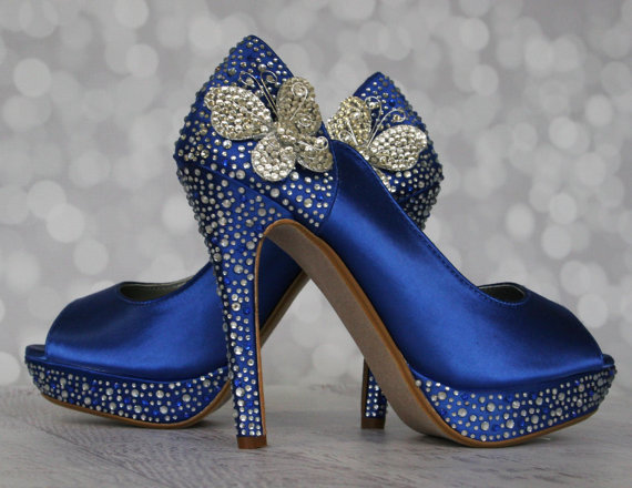 Hochzeit - Butterfly Wedding Shoes -- Royal Blue Wedding Shoes with Silver and Blue Rhinestones  and Silver Rhinestone Butterflies on the Ankle
